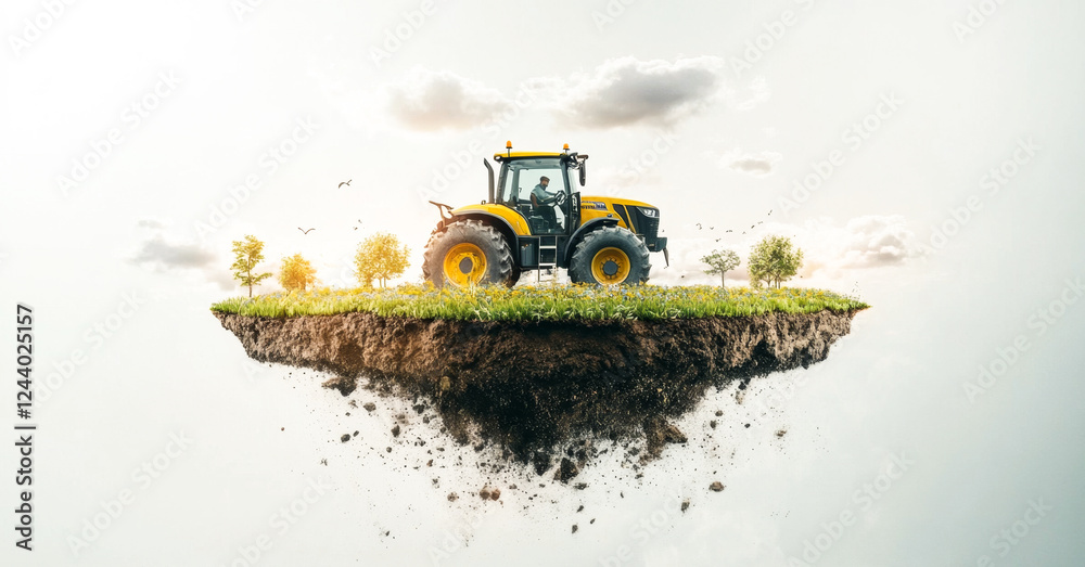 Poster innovative farming practices are showcased with a tractor operating on a vibrant, levitating field.