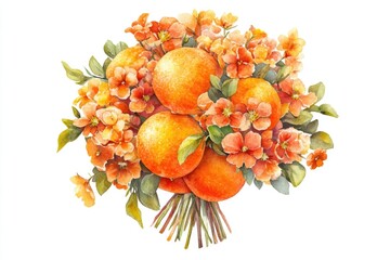 A still life image of a bouquet with oranges and flowers arranged on a white surface