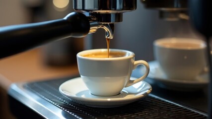 Coffee is poured into a cup from a coffee machine in a coffee shop