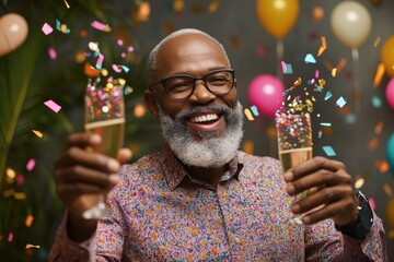 A man celebrating with champagne and confetti, suitable for party or event imagery