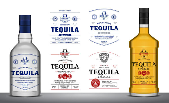Vector tequila minimalistic labels and tequila glass bottle mockups