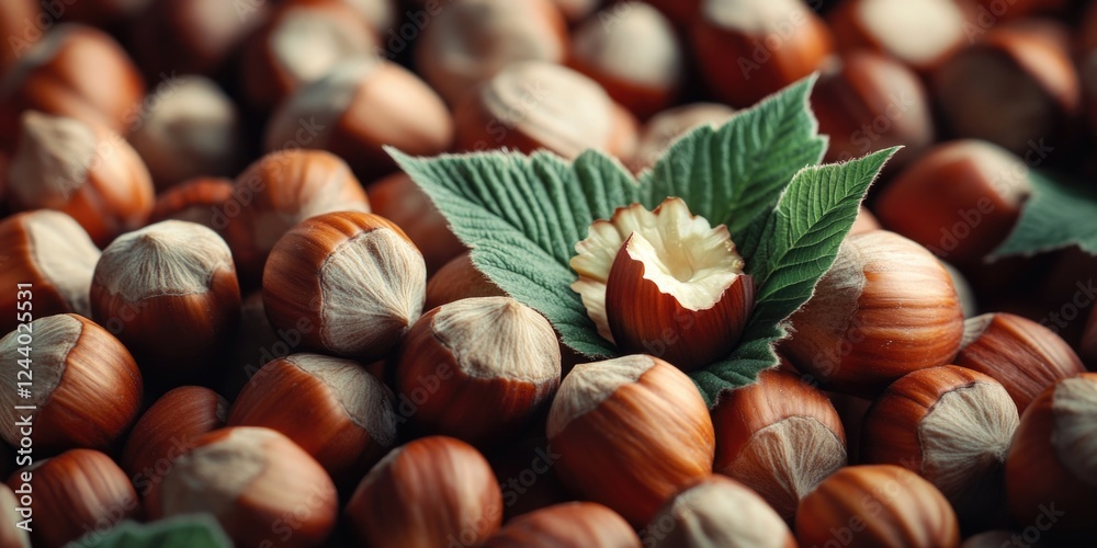Poster a close-up photo of a bunch of nuts accompanied by a leaf, ideal for use in food or nature-related c
