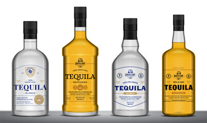 Vector tequila labels and tequila blanco and reposado glass bottle mockups