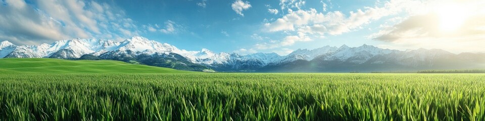 Obraz premium A serene landscape with lush green grass and majestic mountains in the background, perfect for outdoor or travel themes