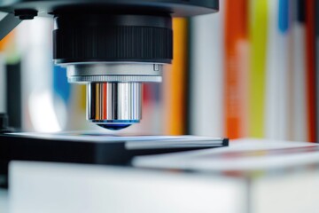 A detailed view of a microscope sitting on a table, ready for use
