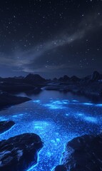 Mystical Bioluminescent Lake Under a Starry Night Sky with Distant Mountains Landscape View