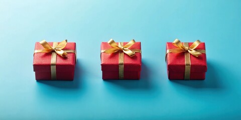 Obraz premium Three Red Gift Boxes with Gold Ribbon on Blue Background