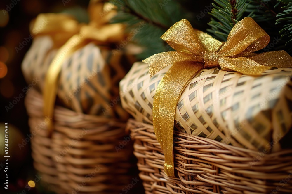 Aufkleber two decorative wicker baskets with gold bows on a rustic wooden background featuring a tall pine tre