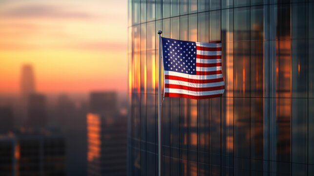 A patriotic symbol flying high on a skyscraper, ideal for independence day celebrations or national pride events