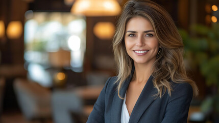 Obraz premium A professional woman working in a modern office, wearing a suit and smiling confidently at the camera, bright and motivational setting