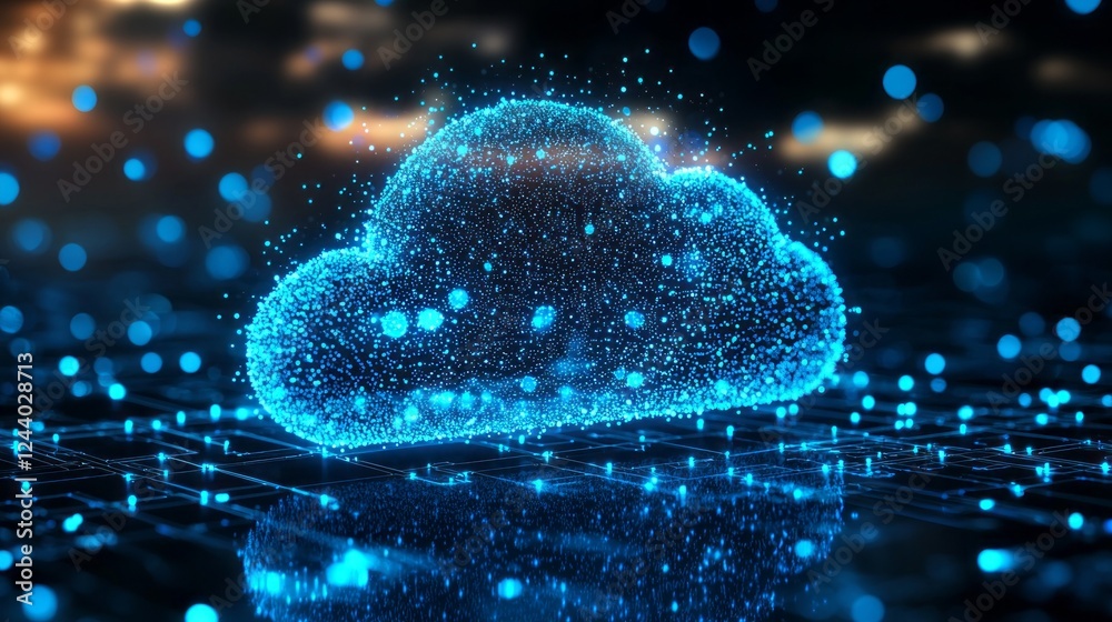 Poster a vibrant, glowing cloud made of sparkling blue particles hovers above a digital landscape. the back