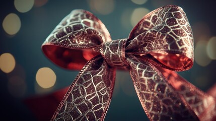 A close-up view of a bright red bow tied on a table, perfect for decoration or gift wrapping