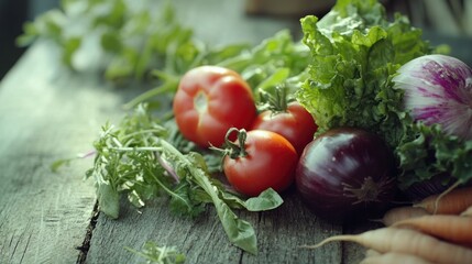 A selection of fresh vegetables arranged on a rustic wooden table