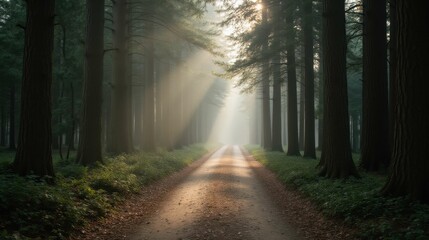 Fototapeta premium Serene Forest Path with Sunlight Streaming Through Trees