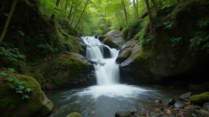 Obraz premium Serene Waterfall Flowing Through Lush Green Forest Landscape
