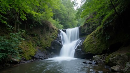 Fototapeta premium Serene Waterfall Surrounded by Lush Green Forest Landscape