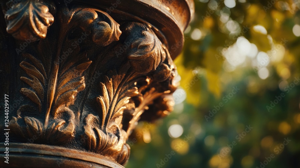 Poster a close-up shot of a wooden pillar with a tree standing tall in the background