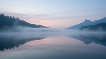 Fototapeta premium Serene Morning Reflections on Foggy Lake with Mountains in Background