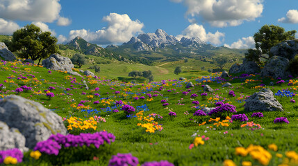 Obraz premium Spring meadow, mountain backdrop, sunny day, wildflowers. Use travel brochure