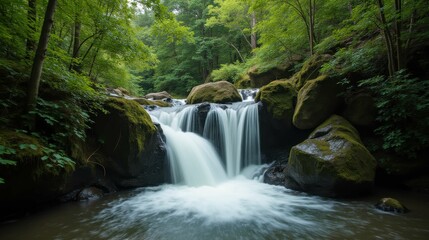 Obraz premium Serene Waterfall Surrounded by Lush Green Forest Landscape