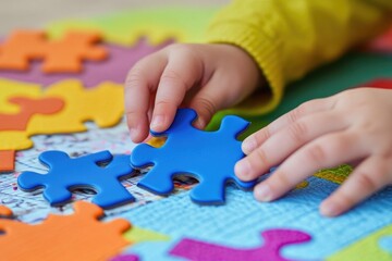 A young child sits at a table with a puzzle piece in hand, focused on the task of fitting it into place