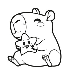 Cute cartoon capybara hugs a cute star outlined for coloring page on white background