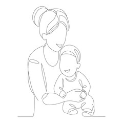 Happy Mom and son Hugging Continuous Line Art Drawing. Mother and son Embrace Minimalist Line Art Illustration. Mom and son Bonding Continuous Line Sketch.	