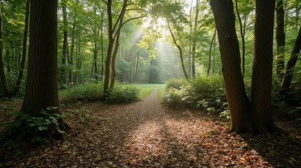 Fototapeta premium Serene Forest Pathway with Sunlight Filtering Through Trees