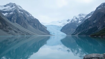 Majestic Glacier Reflected in Calm Water Surrounded by Mountains