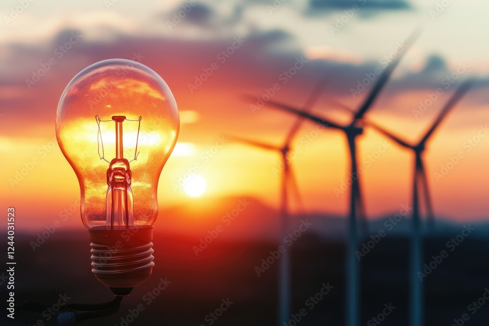 Poster a close-up of a light bulb with a windmill in the background, providing a unique blend of industrial