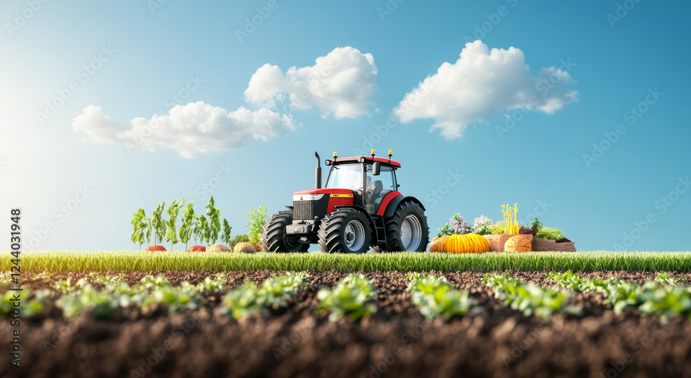 Poster a red tractor is actively engaged in farming tasks on a sunny day.