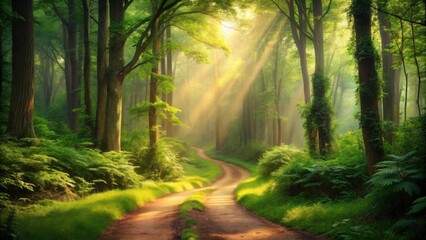Sunlit Path Winding Through a Lush Green Forest