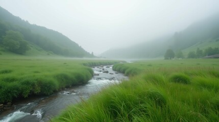 Serene Misty Landscape with Flowing River and Lush Green Fields