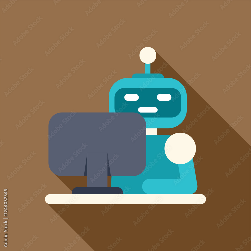 Poster blue robot sitting at a desk and working on a desktop computer, representing automation and artifici
