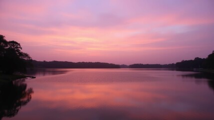 Naklejka premium Tranquil Sunset Over Calm Lake with Colorful Sky Reflections
