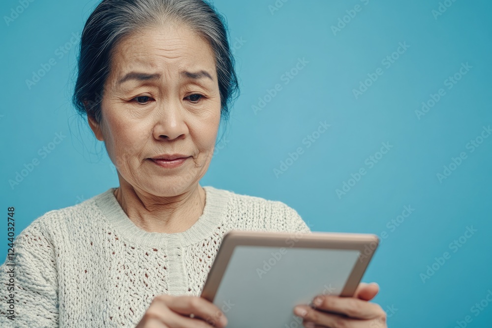 Poster a woman holds a tablet computer, ready to work or browse