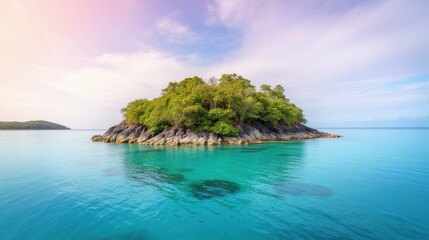 Serene Tropical Island Surrounded by Clear Turquoise Waters at Sunset