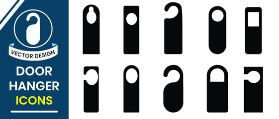 Door hangers, Hotel room door hangers icon, vector set. Key ring icon, vector set design. Door label hanging on knob icon, vector. Vector illustration.