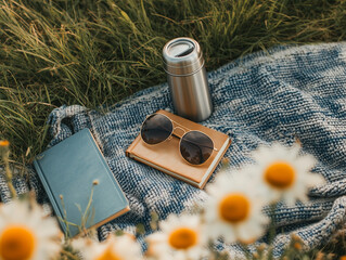 Top view of books, sunglasses and a can of soft drink on a flowery meadow.