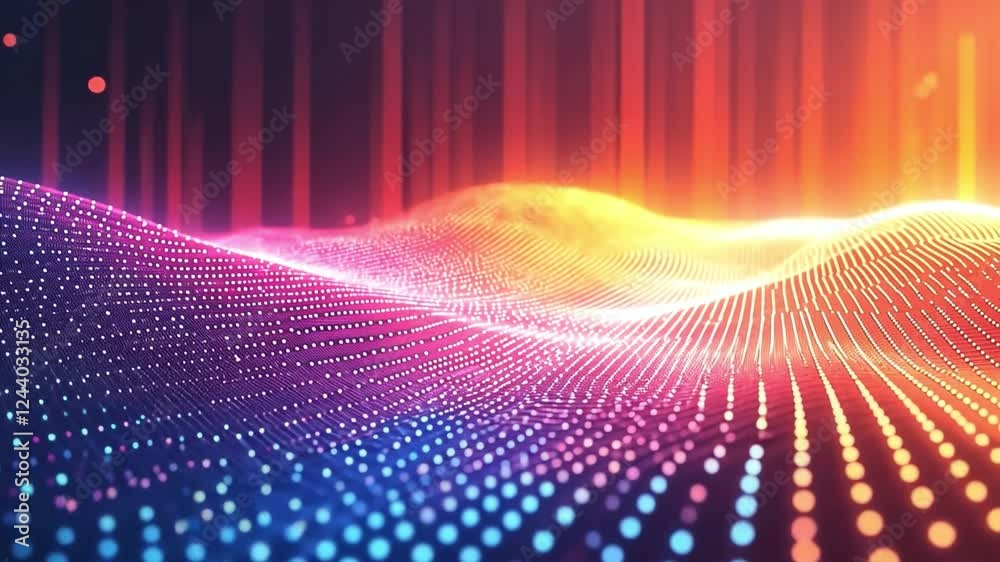 Poster Abstract Data Wave: Vibrant, dynamic wave of interconnected glowing particles, creating a futuristic and energetic landscape of data streams and digital flow.