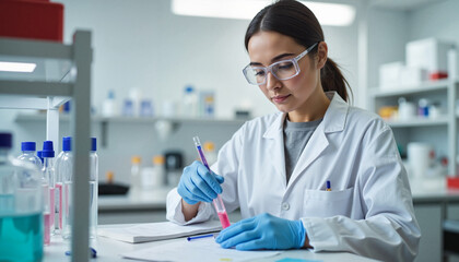 Female scientist working diligently in laboratory with equipment in background, International Women’s
Day