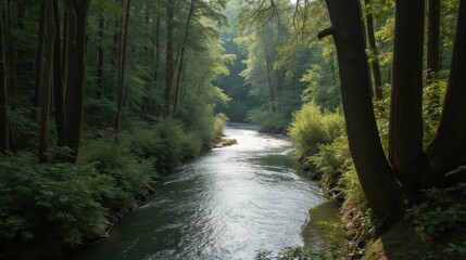 Obraz premium Serene River Flowing Through Lush Green Forest in Soft Morning Light