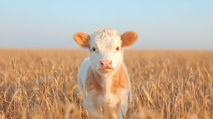 Obraz premium Calf in golden wheat field, sunny day. Farm animal image for agriculture or nature themes
