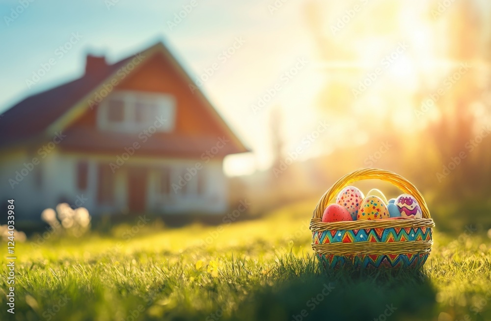 Poster easter egg basket with colorful eggs on the green grass in front of a house against a sunny spring d