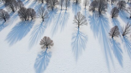 Aerial View of Snowy Landscape with Trees and Long Shadows