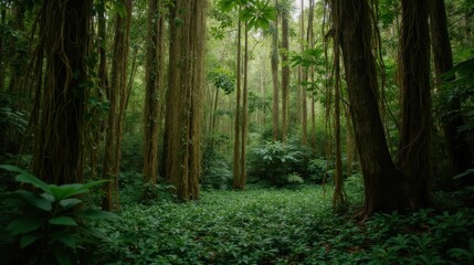 Fototapeta premium Lush Tropical Forest with Tall Trees and Dense Greenery
