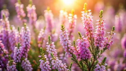 Fototapeta premium A Field of Delicate Pink Heather Blossoms Bathed in Golden Sunlight