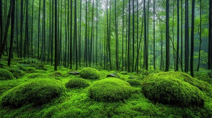 Obraz premium Lush mossy forest floor, misty wooded area, serene nature scene