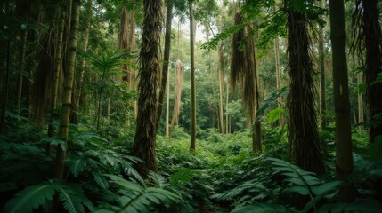 Fototapeta premium Lush Green Forest with Towering Trees and Dense Underbrush