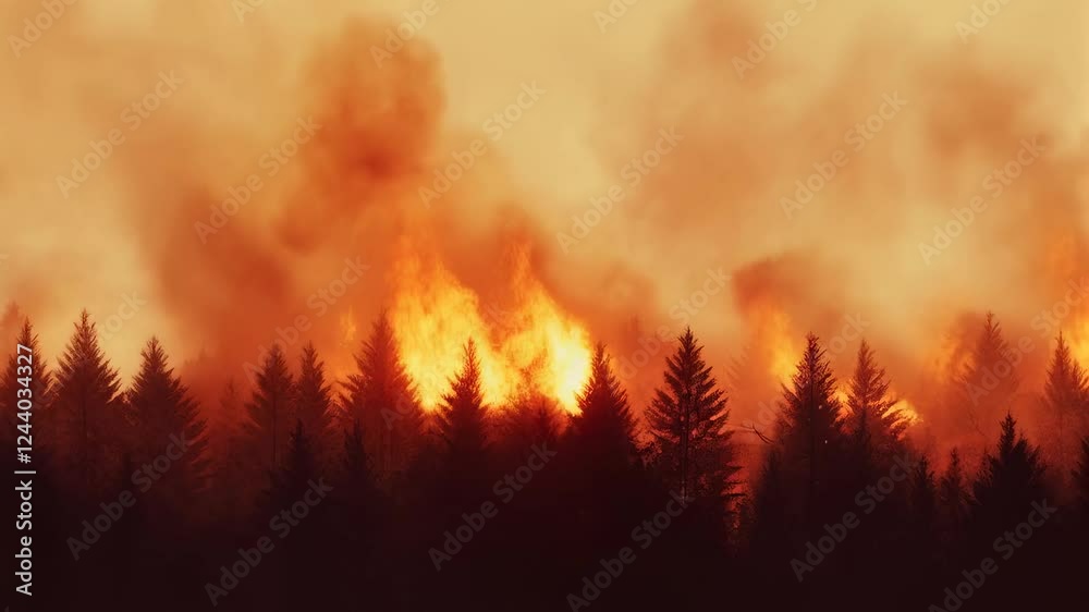 Poster huge flames and thick smoke rising above conifer forest during devastating wildfire, creating apocal